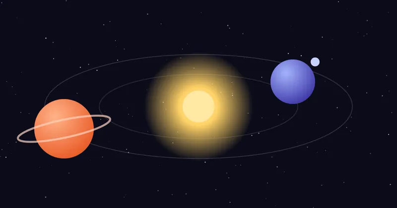 Two stylised planets, one orange and one indigo, orbiting a shared sun