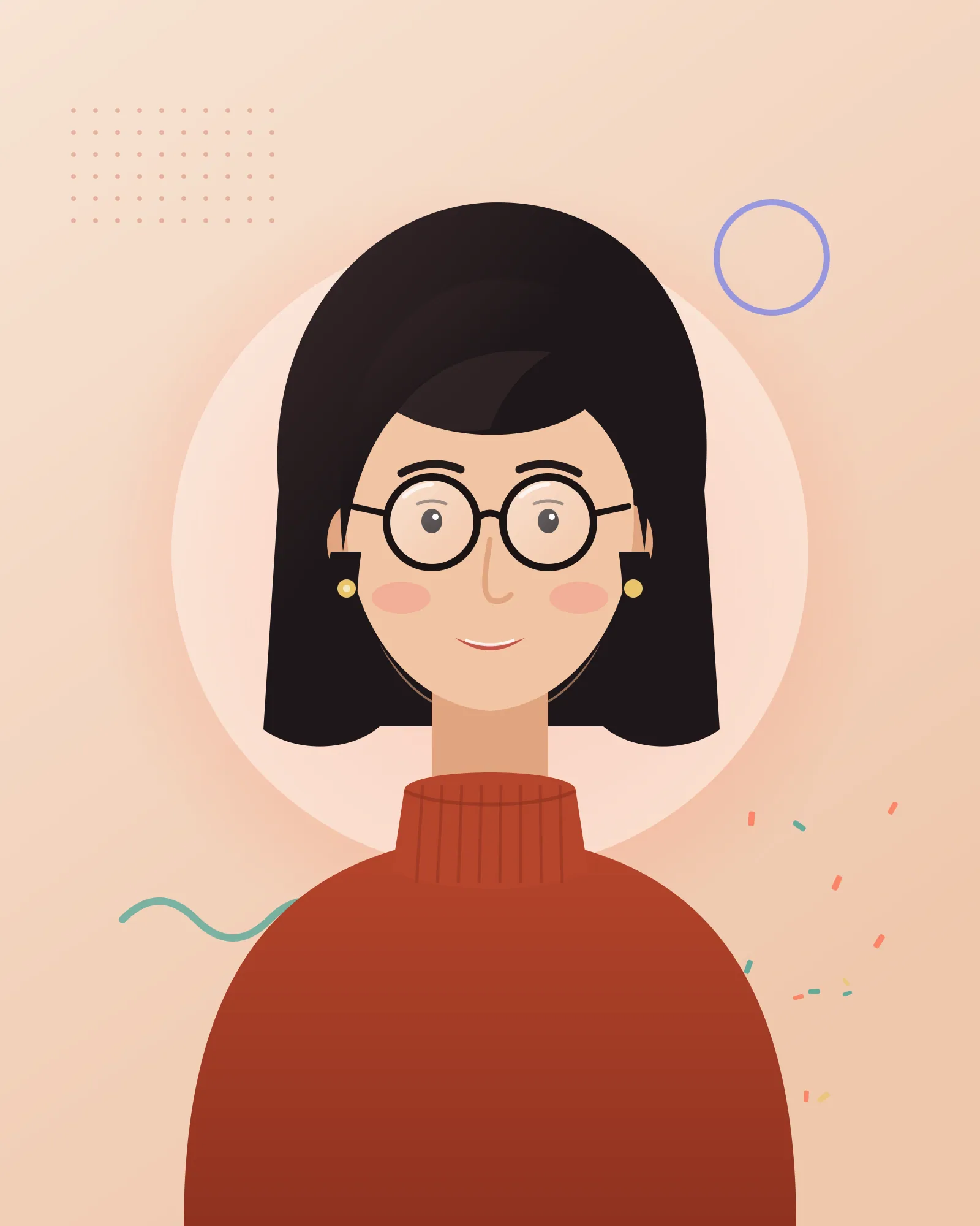 Illustrated portrait of Mara Ellison, creative frontend developer, wearing round glasses and a rust turtleneck