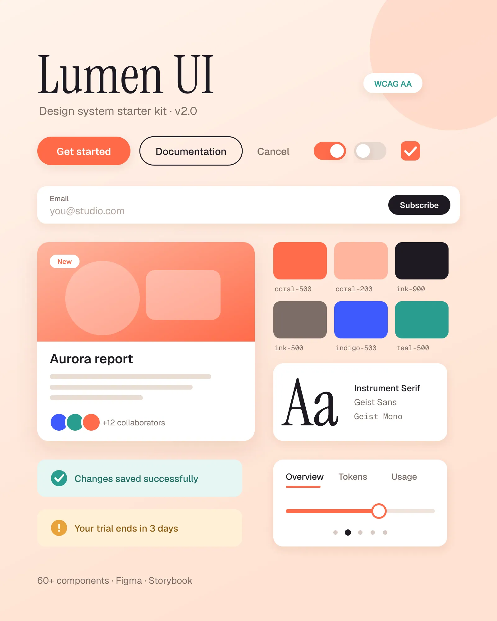 Lumen UI — design system starter kit — Tokens, 60+ accessible components and docs, ready on day one.