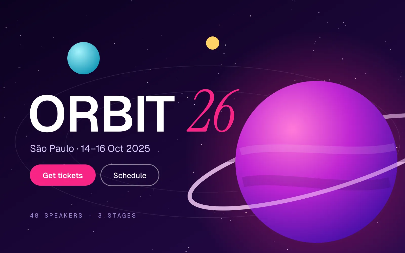 Orbit 26 — conference website & ticketing — A cosmic WebGL hero, a speaker CMS and a two-step ticket checkout.