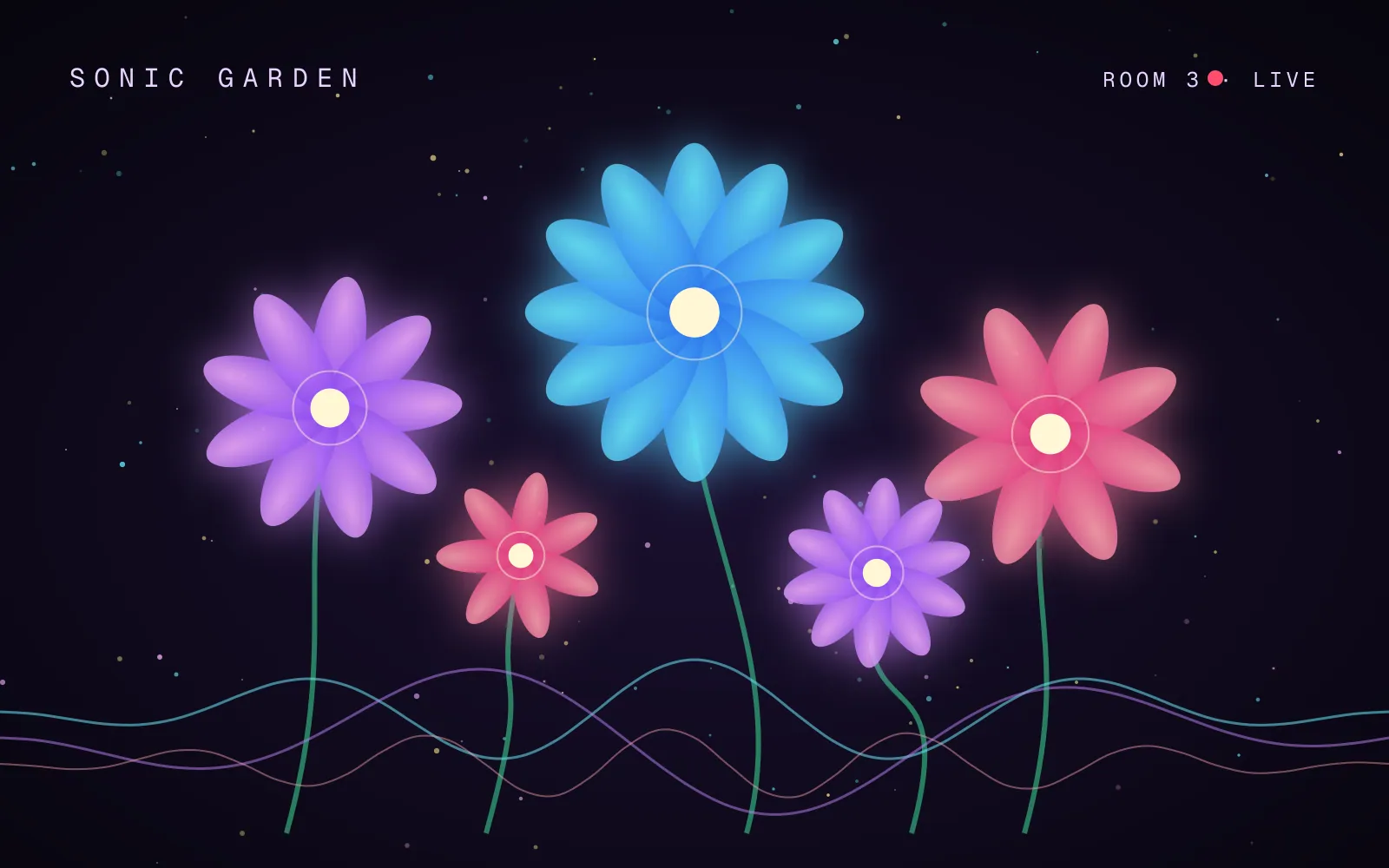 Sonic Garden — generative audio-visual installation — A museum room where visitors grow a garden of sound and light.