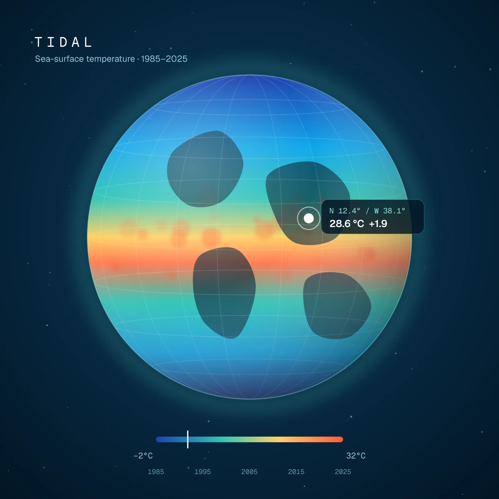 Tidal — ocean temperature globe — Forty years of sea-surface data on an interactive WebGL globe.